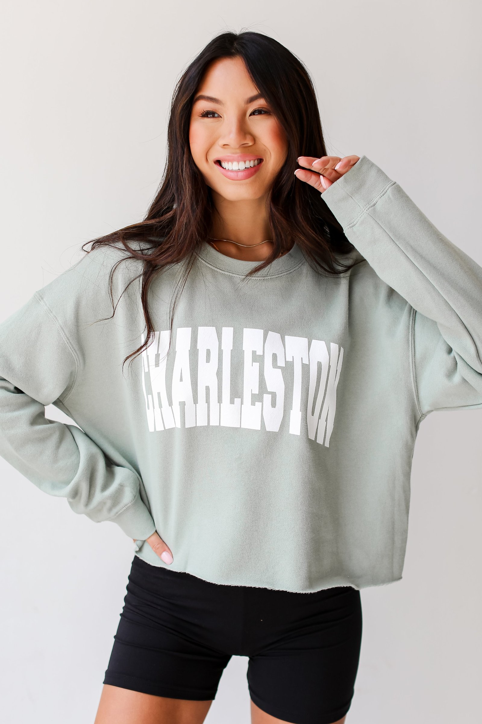 Sage Charleston Cropped Pullover on model