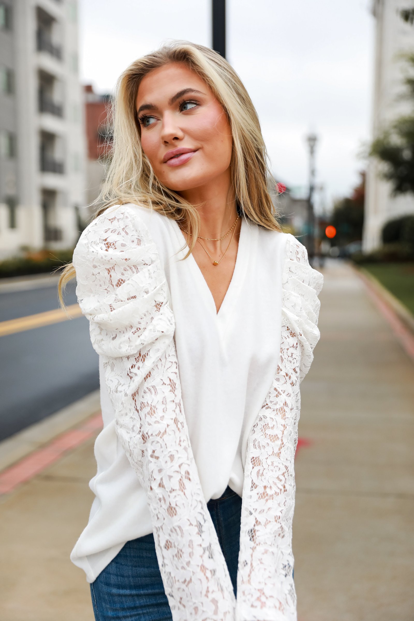 Effortless Flirt Off White Lace Sleeve Brushed Knit Top